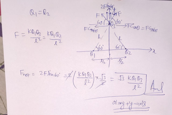 2 Fisinau ENTRE F = KQ Q KQ Q2 Q = 02 e 2 Go 160 Floo = Floooo Flopho l/ l eza 360 60 Q2. th 원 Fnet = 2F&in 60 = 1 KQ8 Х lz