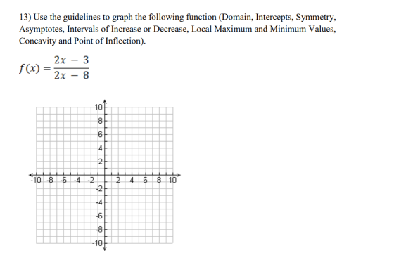 13) Use the guidelines to graph the following function (Domain, Intercepts, Symmetry, Asymptotes, Intervals of Increase or De