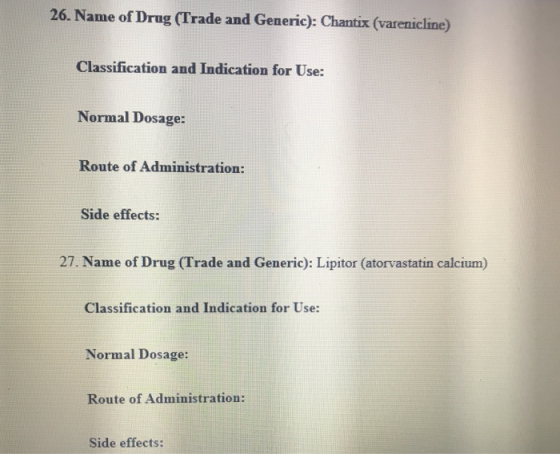 26. Name of Drug (Trade and Generic): Chantix (varenicline) Classification and Indication for Use: Normal Dosage: Route of Ad