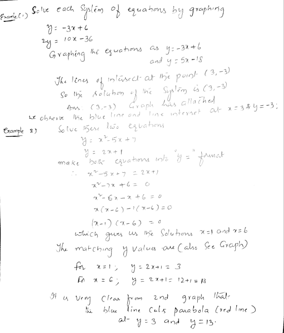 Graphing the equations of System is 63,-3) Solve each Exame (1) System of equations by graphing y=-3x+6 10x - 36 zy the equat