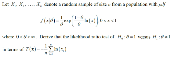 Let X, X,, ..., X, denote a random sample of size n from a population with pdf (10) = b exp(@m()).0<x<1 where (<O<0. Derive t