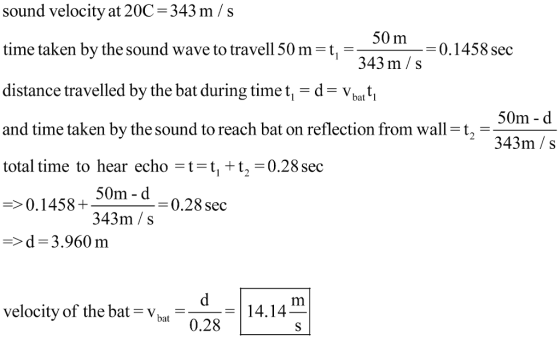 at 20C 343 m/s sound velocity time taken by the sound wave to travell 50 m-t, distance travelled by the bat during timet,-d Vbt t and time taken by the sound to reach bat on reflection from wall- total time to hear echo-1-ti-t2-0.28 sec 50m0.1458 sec 343 m/s 50m - d 2343m /s 50m - d 0.1458+0.28 sec 343m/s -d 3.960 m velocity of the bat Vbat14.14 0.28