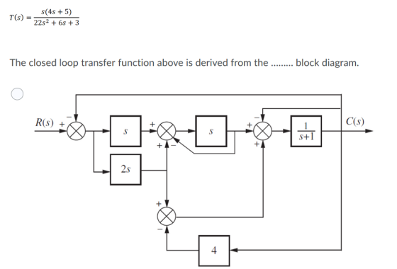 T(S) = s(4s + 5) 22s2 + 6 + 3 The closed loop transfer function above is derived from the ......... block diagram. R(S) + C(s