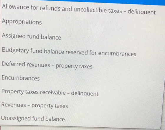 Allowance for refunds and uncollectible taxes - delinquent Appropriations Assigned fund balance Budgetary fund balance reserv