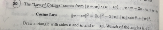 LD Law fCosines comes from(U-u,): (u-w) u . u-2u . to +to. Cosine Law liu-w12-11 , 12-211Uİl lltv11 cose+11 ll2. es comes