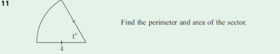 Find the perimeter and area of the sector 1c 셋