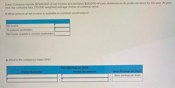 Ecker Company reports $1,500,000 of net income and declares $210,000 of cash dividends on its preferred stock for the year. A