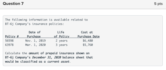 Question 7 5 pts The following information is available related to BT-6j Companys insurance policies: Policy # 56598 63978 D