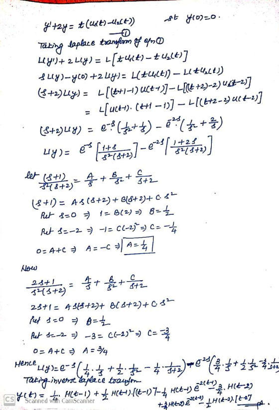 4 +2y = t (t)-Walt) ft Yoo-o. Tabing Laplace transform of eno LH:0+ 2. Lý) = [dt) – $4,067 fly)-460) +244)= L(+44(E)) — 11+4