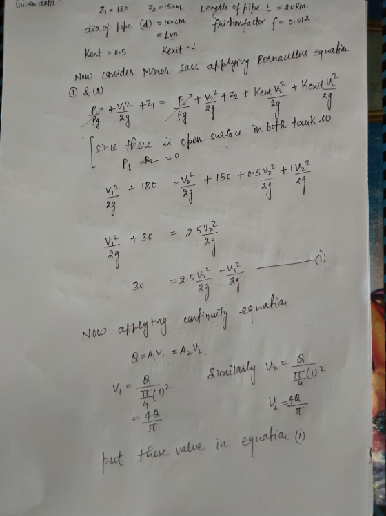 Civan data Z, = 180 Z2 = 150m Length of pipe t = 20 km friction factor f- 0.012 dia of tipe (d) = 100 cm = 1m Kexit Kent = 0.