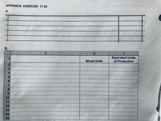 APPENDIX EXERCISE 17-24 A. B. Equivalent Units of Production Whole Units 5 6 7 8 9 10 12 13 14 15