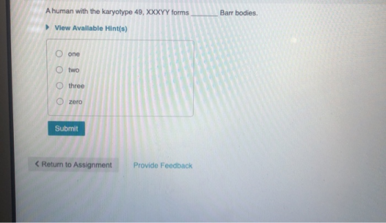 A human with the karyotype 49, XXXYY forms Barr bodies. View Available Hint(s) O one O two three 0 0 zero Submit < Return to