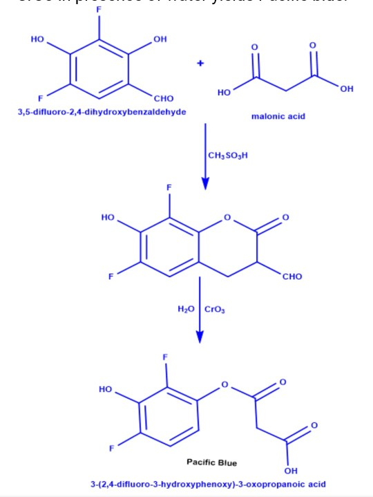 но но он но сно 3,5-difluoro-2,4-dihydroxybenzaldehyde malonic acid CH3 SO3H но сно H2o Cros Но Pacific Blue он 3-(2,4-dif
