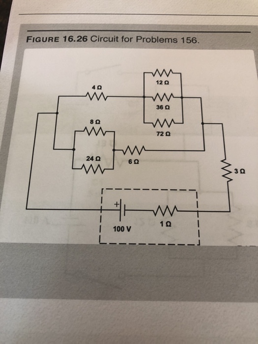 FIGURE 16.26 Circuit for Problems 156. 12Ω 4Ω 36 Ω 8Ω 72 Ω 24 Ω 6Ω 3Ω 1Ω 100 V