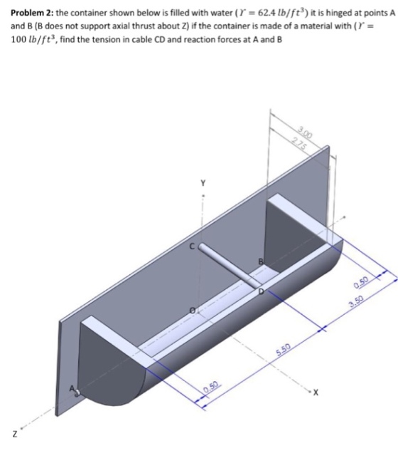 Problem 2: the container shown below is filled with water( 62.4 lb/ft3) it is hinged at points A and B (B does not support axial thrust about Z) if the container is made of a material with (- 100 lb/ft3, find the tension in cable CD and reaction forces at A and B