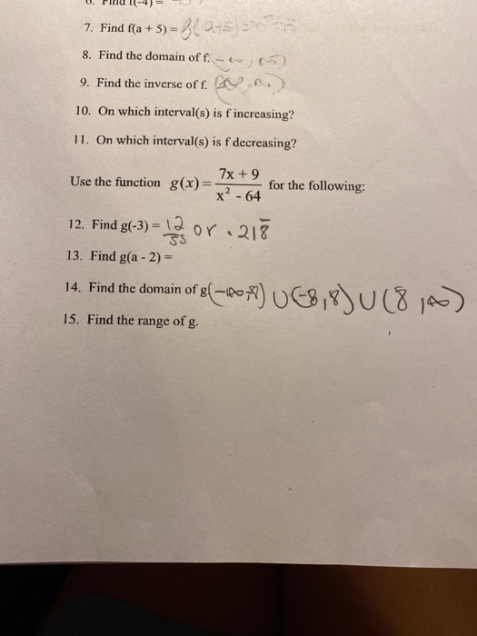 U. Iru 1-4) = 7. Find f(a + 5)=3(2-52 5 8. Find the domain off. - 6,05 9. Find the inverse of f. CY 10. On which interval(s)
