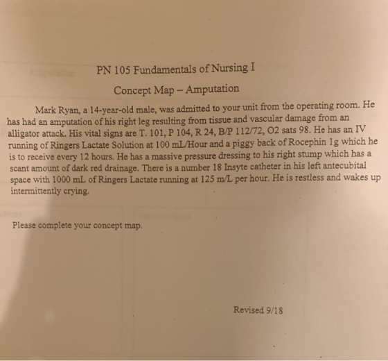 PN 105 Fundamentals of Nursing I Concept Map - Amputation Mark Ryan, a 14-year-old male, was admitted to your unit from the o