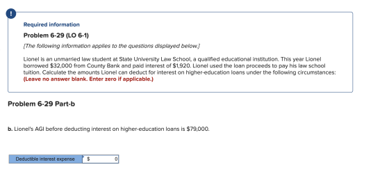 Required information Problem 6-29 (LO 6-1) [The following information applies to the questions displayed below.] Lionel is an