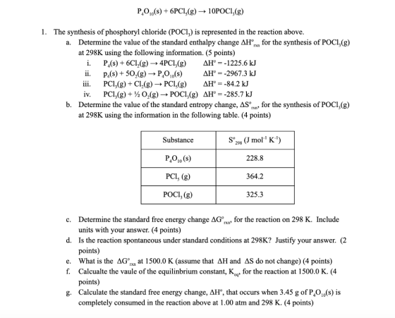 P,010(s) + 6PC13(g) → 10POCI;(8) 1. The synthesis of phosphoryl chloride (POCI,) is represented in the reaction above. a. Det