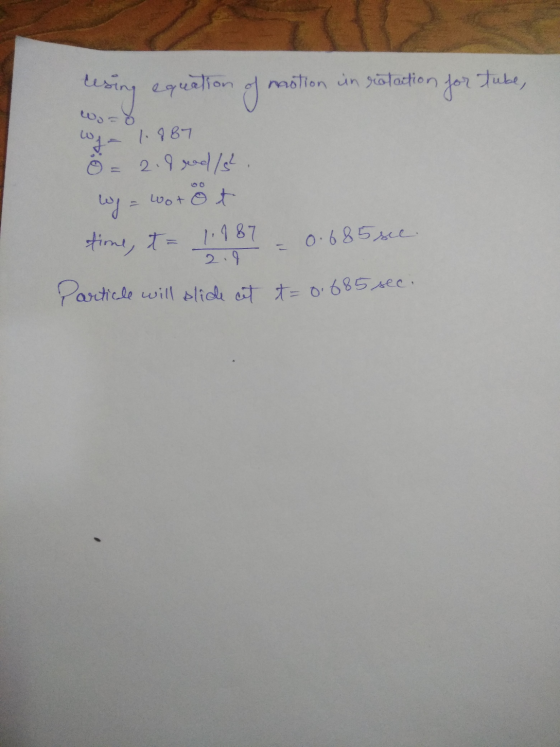using 14- სსა = equation of motion in scotaction for tube, 1.887 Ö= 2.9 red/ Wy = wotot time, t= 1.187 2.9 Particle will blid