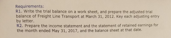 Requirements: R1. Write the trial balance on a work sheet, and prepare the adjusted trial balance of Freight Line Transport a