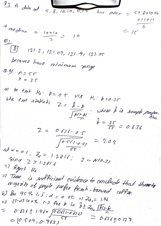 8.2 A data set 5, 8, 10, 10, 11, 12 has man 5t 8+10 to +11+12 6. a median 10+lo = 15 10 2 0.2 D 121.2, 121.09, 121.4, 122. og