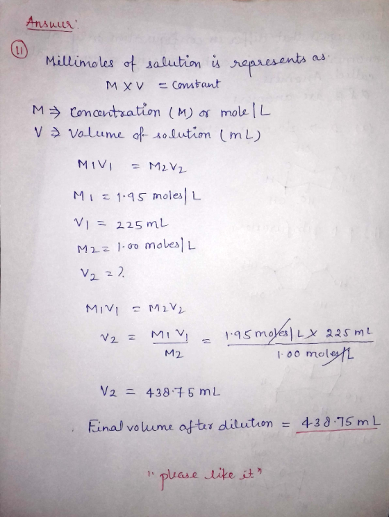 Ansuur Millimoles ot salution s represents Canstant MXV M Comcantation (M) a mole L V Volume aolution mL) M1VI M2V2 MI1.95 mo