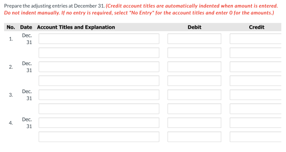 Prepare the adjusting entries at December 31. (Credit account titles are automatically indented when amount is entered. Do no