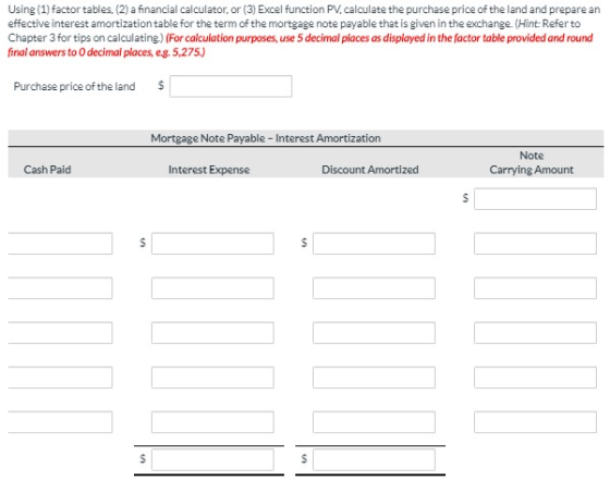 Using (1) factor tables. (2) a financial calculator, or (3) Excel function PV.calculate the purchase price of the land and pr