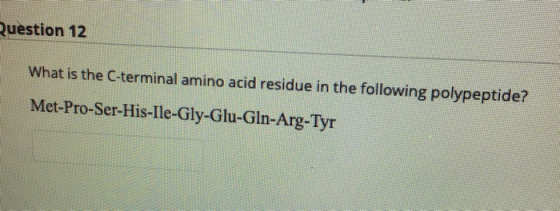 Question 12 What is the C-terminal amino acid residue in the following polypeptide? Met-Pro-Ser-His-Ile-Gly-Glu-Gln-Arg-Tyr