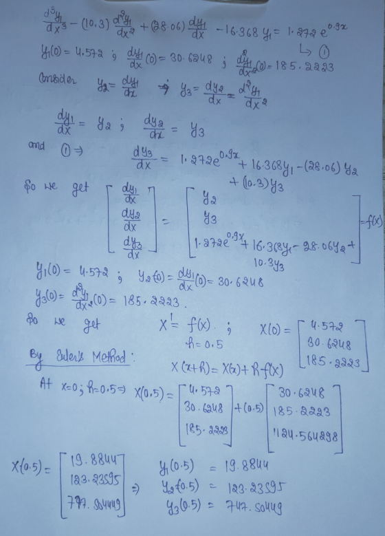 doy dx 4100 = 4.572 (10.3) dry 0.92 dx +(28.06) de - 16:368 y= 1.879 e L O I (0) = 30.6248 dexam) = 185.2223 dyi Consider Yg