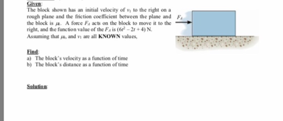 Given The block shown has an initial velocity of vi to the right on a rough plane and the friction coefficient between the plane and FA the block is A force Fa acts on the block to move it to the right, and the function value of the F is (6f-2t+4) N. Assuming that a, and vi are all KNOWN values Find a) The blocks velocity as a function of time b) The blocks distance as a function of time Selution