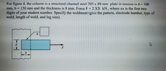 For figure 4, the column is a structural channel steel 203 x 89 mm plate in tension is d = 100 mm, b = 150 mm and the thickne