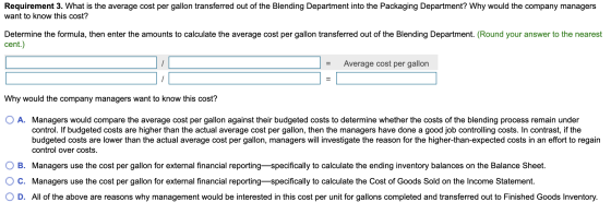 Requirement 3. What is the average cost per gallon transferred out of the Blending Department into the Packaging Department?