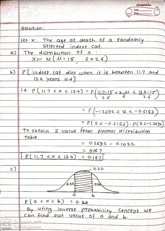classmate Date Page Solution : | Let X: The age at death of a randomly selected indeer cat. | The distribution of x : XN N u