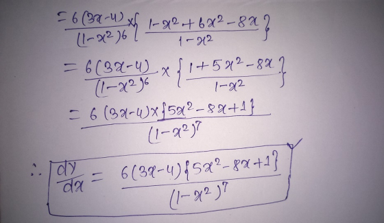 = 6(20-W xh 1-9246a²-8a 1-H2 = 6(3X-4) x *{!? 1+572-842 (1-x296 1-42 = 6 (32-WX 4542-84+1} (1-927 ..dy da = 6039-4){582-89 +1