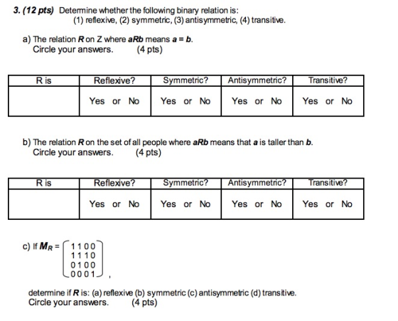 3. (12 pts) Determine whether the following binary relation is: (1) reflexive, (2) symmetric, (3) antisymmetric, (4) transiti