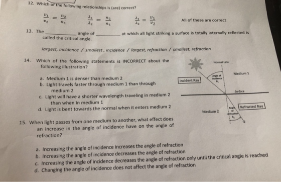 12. Which of the following relationships is (are) correct? All of these are correct 13. The angle of called the critical angl