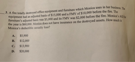 ire totally destroyed office equipment and furniture which Monica uses in her busine equipment had an adjusted basis of $15,0