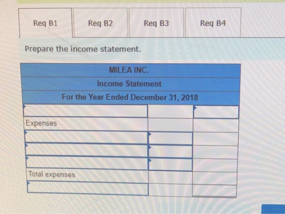 Req B1 Req B2 Req B3 Req B4 Prepare the income statement. MILEA INC. Income Statement For the Year Ended December 31, 2018 Ex