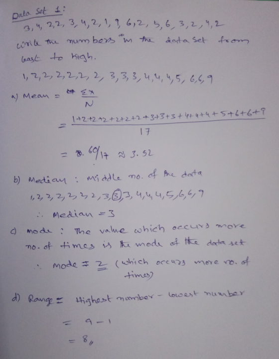 Data Set 3,4, 2,2ッ3,9,2,1,14,2,, 5,6/ 3,2ノ9,2- leasé t hicgh. 1, 2, 2, 2, 2,2, 2/ 3,3, 3/4,4,4,5/ GS9 1+2-+22+2+2+2 +3+3+3+4++6+7 17 b) Median middlemo. e dota d mod Te vaue which oecuv oe mode #