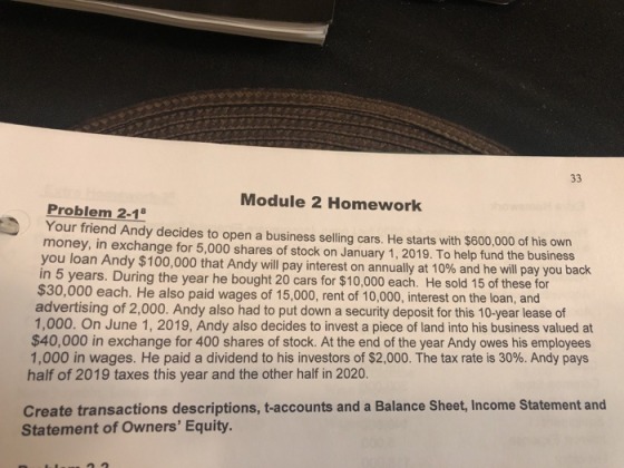 33 Module 2 Homework Problem 2-1° Your friend Andy decides to open a business selling cars. He starts with $600,000 of his ow