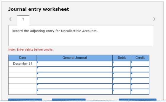 Journal entry worksheet Record the adjusting entry for Uncollectible Accounts. Note: Enter debits before credits. General Jou