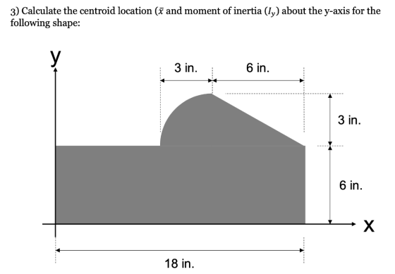 3) Calculate the centroid location (7 and moment of inertia (1y) about the y-axis for the following shape: 3 in. 6 in. 3 in.