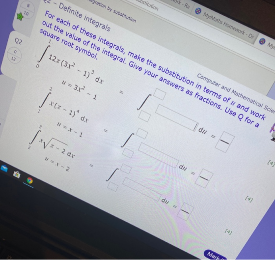 gration by substitution 8 stitution rk - Ra MyiMaths Homework - Di My 10 Definite integrals Computer and Mathematical Scier F