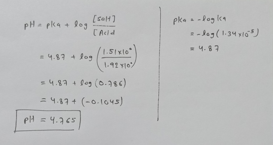 pH = pka + log [salt] [Acid pka = -logka =-dog (1.348105) = 4.87 (1.51x10° = 4.87 + log (1.92410) = 4.82 + log (0.786) = 4.87