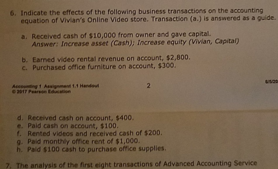 6. Indicate the effects of the following business transactions on the accounting equation of Vivians Online Video store. Tra