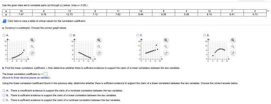 Use the given data set to complete parts (a) through (c) below. (Use a = 0.05.) х 10 7.47 8 6.78 13 12.73 9 7.12 11 7.82 14 8
