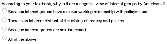 According to your textbook, why is there a negative view of interest groups by Americans? Because interest groups have a clos