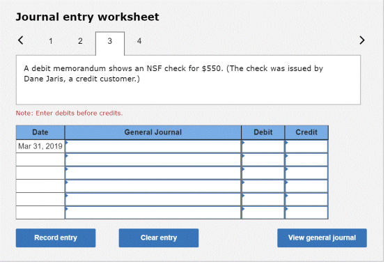 Journal entry worksheet < 1 2 | 3 | 4 A debit memorandum shows an NSF check for $550. (The check was issued by Dane Jaris, a